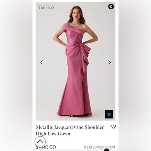 Teri Jon Metallic Jacquard One-Shoulder Gown